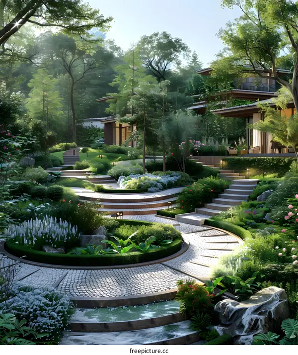 A garden of a villa in the mountains