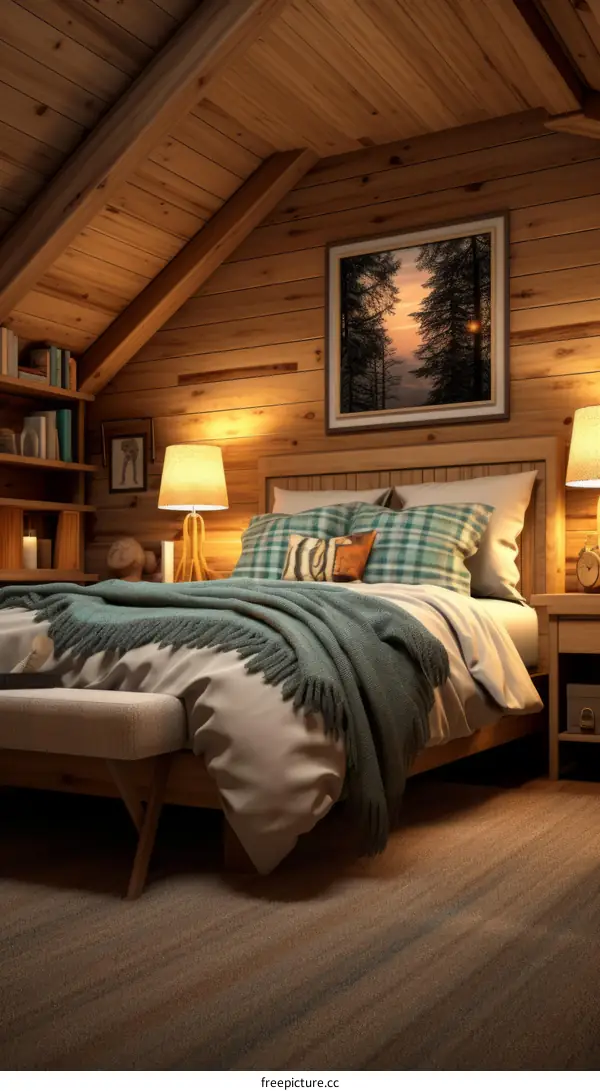 A cozy bedroom in a wooden cabin