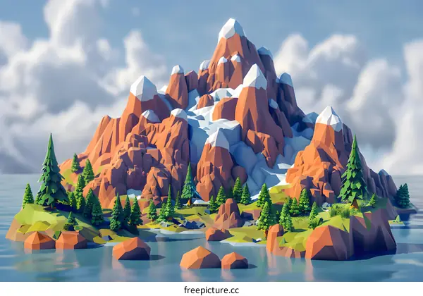 A beautiful low poly landscape of a mountain range with a lake and trees