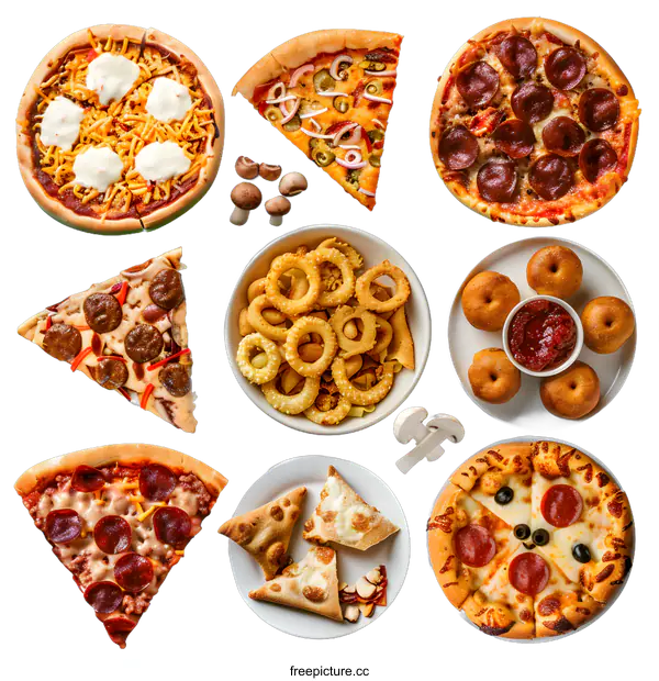 [Transparent Background PNG]Assortment of Pizza Slices and Appetizers on White Background