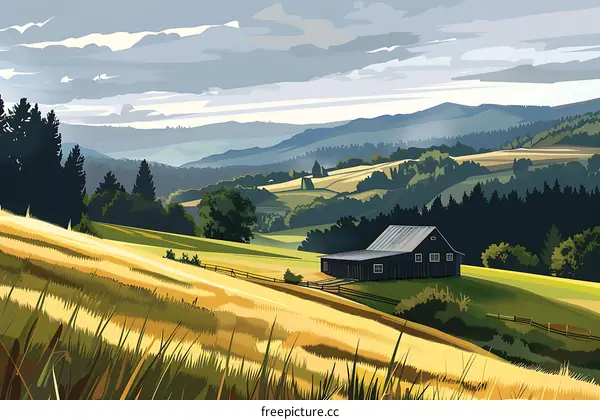 Rural Landscape with Farmhouse and Rolling Hills
