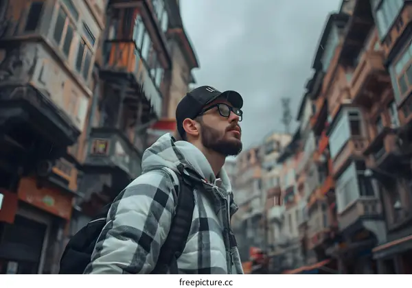 Man Wearing a Plaid Shirt and Glasses Looking Up at the Sky in the City