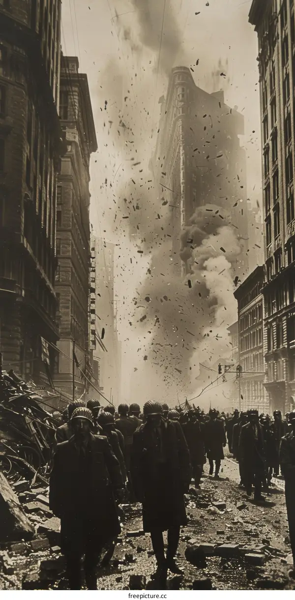 People walking through the rubble of a destroyed city during World War II