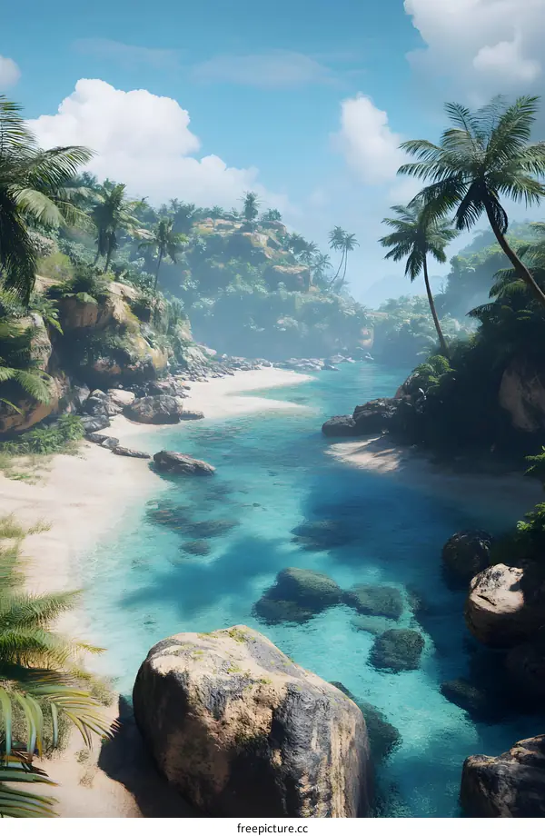 Tropical Beach Paradise with Crystal Clear Water and Lush Green Vegetation