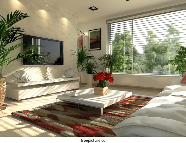 A bright and airy living room with a large window, a colorful rug, and a coffee table with a vase of red flowers.