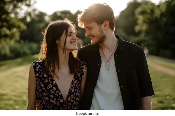 Young Couple in Love Walking in the Park at Sunset