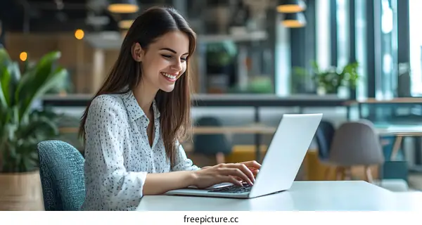 Smiling Woman Working on Laptop in Coffee Shop