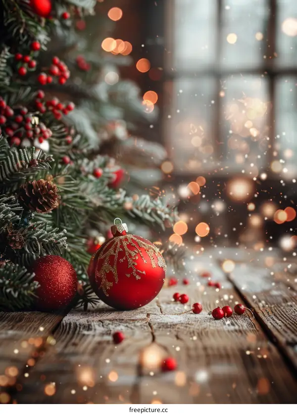 Red Christmas Ornament with Berries and Pine Cones