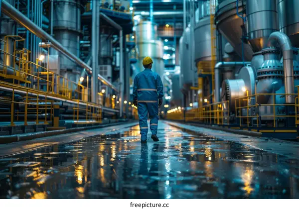 Oil and gas worker walking through a processing plant