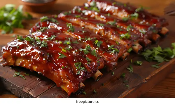 Delicious BBQ Ribs on Wooden Board