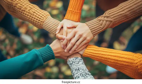 Multiracial group of people joining their hands together