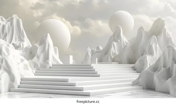 White Minimalist Geometric Hills Clouds Stairway Artistic Conception Picture
