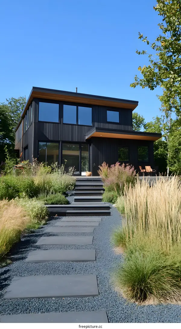 Modern Black House with Stone Pathway and Grass