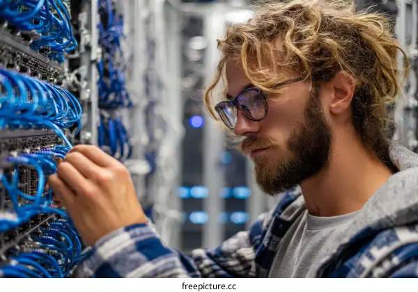 Technician Working on Server Network Cables