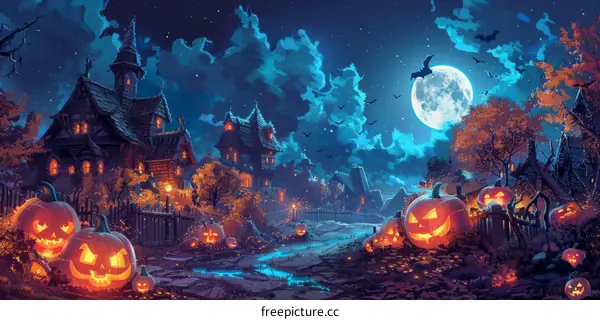 Spooky Village With Haunted House And Jack-O-Lanterns At Night