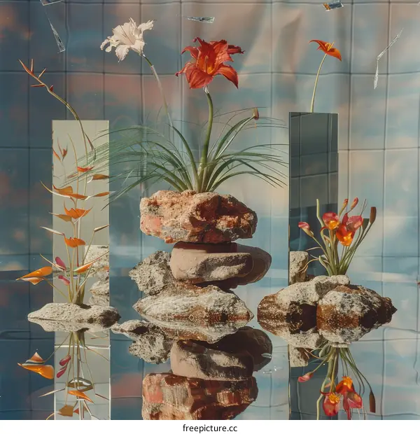 Still life with flowers and rocks