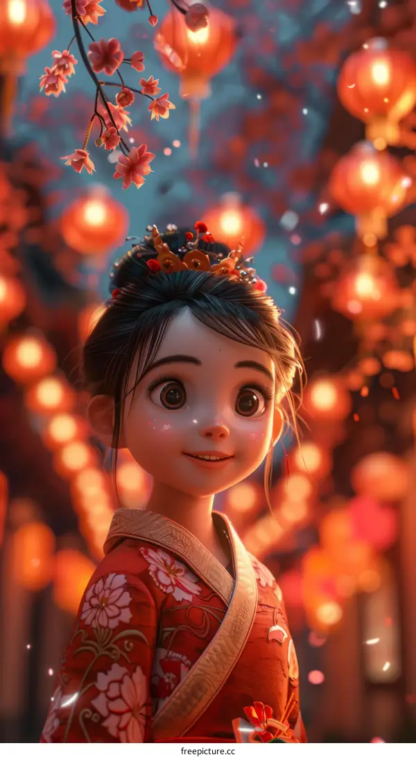 A Lovely Lady in a Crimson Kimono under Cherry Blossoms