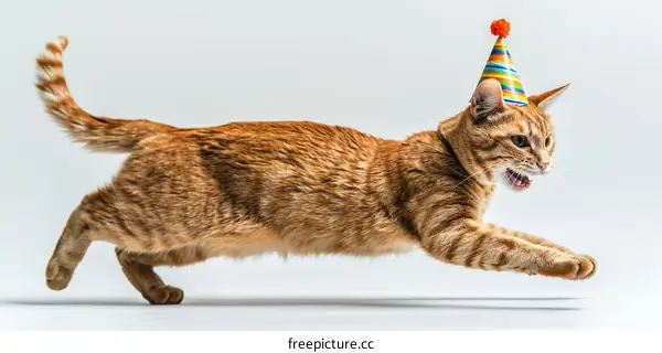 A ginger cat wearing a party hat is running