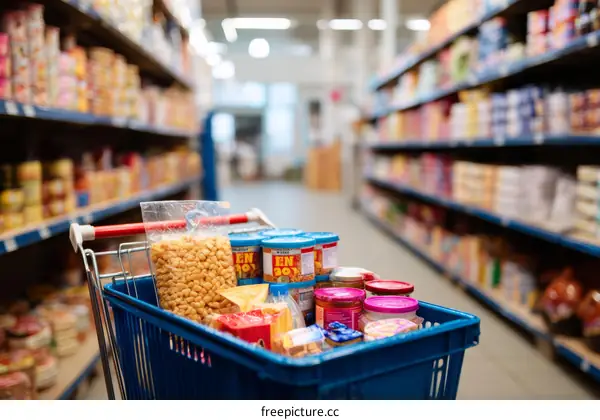 Shopping Cart Filled with Groceries in Supermarket