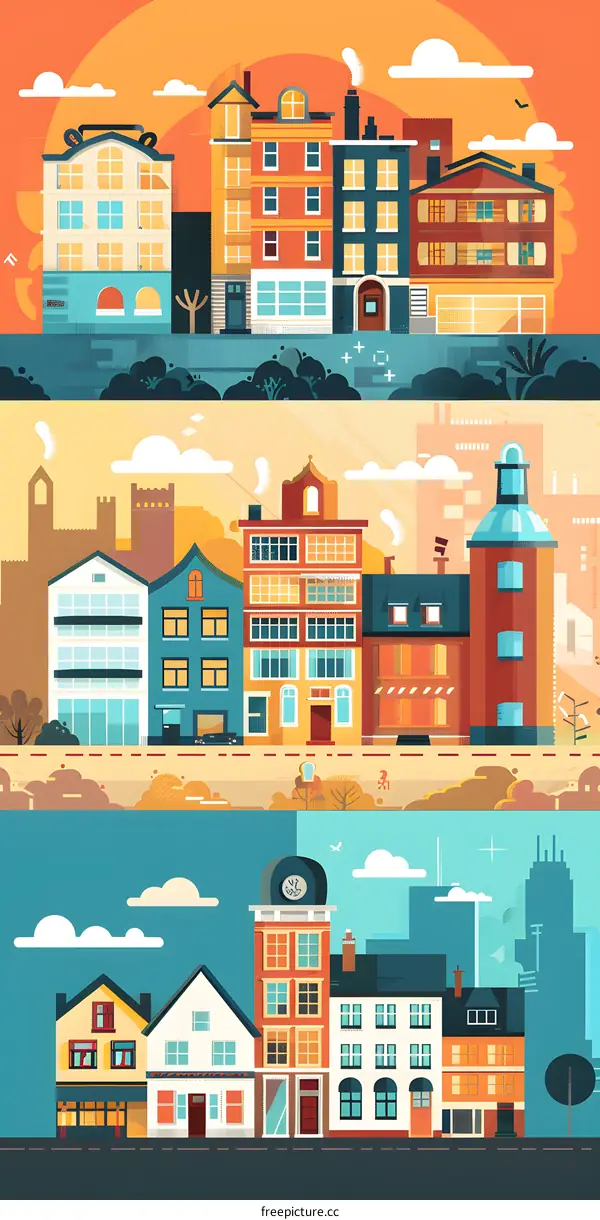 Colorful Cityscape Illustration with Row of Buildings