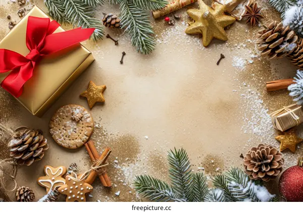 Christmas background with fir branches, gift box, gingerbread cookies and decorations