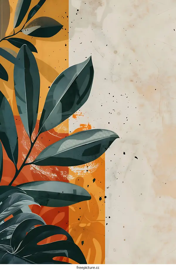 Abstract Green Leaves Illustration with Orange and Yellow Background