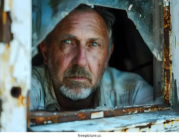 Portrait of a man looking through a broken window