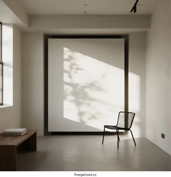 Minimalist Interior Space with Large White Wall and Black Chair