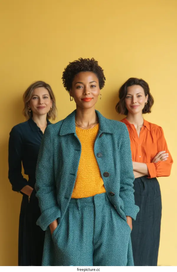 Three Women in Fashionable Outfits Against a Mustard Yellow Background