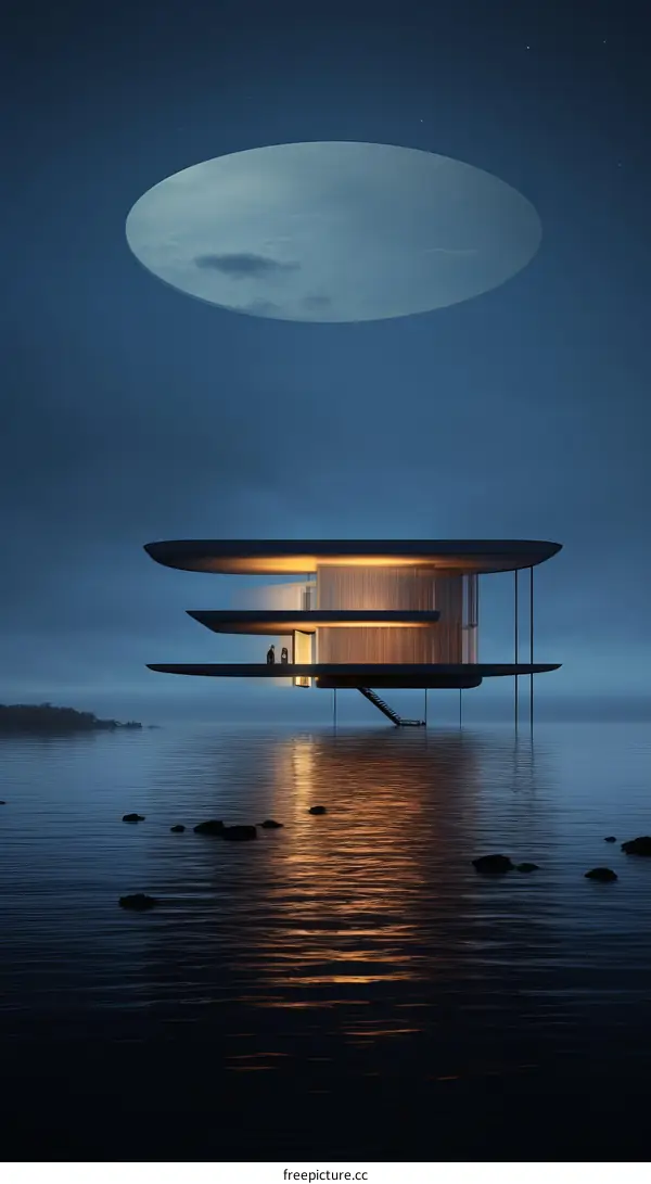 Modern House Reflecting on Tranquil Lake at Night