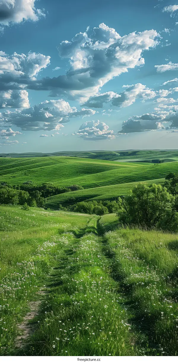 Picturesque Countryside Landscape with Verdant Hills and Serene Blue Sky