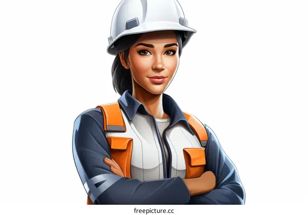 An illustration of a female engineer wearing a hard hat and safety vest