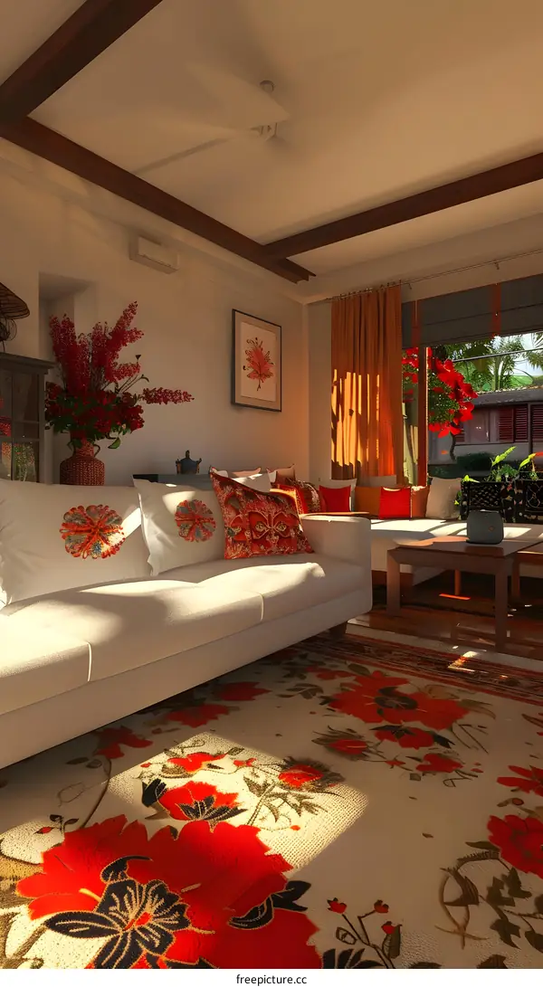 Living Room Interior Design with Red and White Floral Pattern Rug