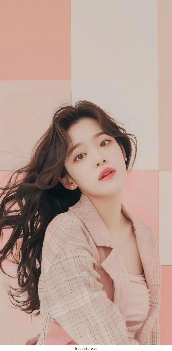 Beautiful Asian Woman with Pink Checkered Background