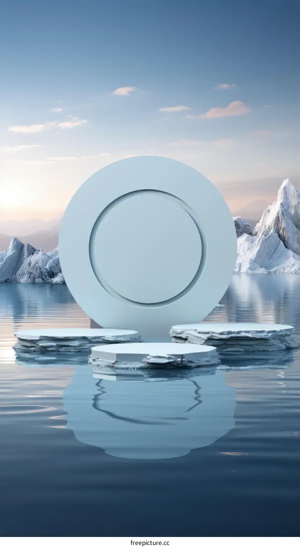 3D rendering of a blue podium in the middle of the ocean