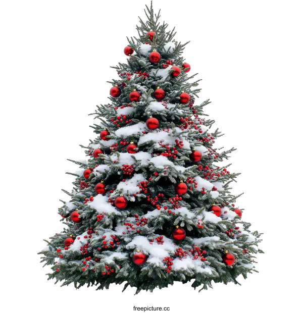 [Transparent Background PNG]Frosted Christmas Tree Decorated with Snow and Red Ornaments
