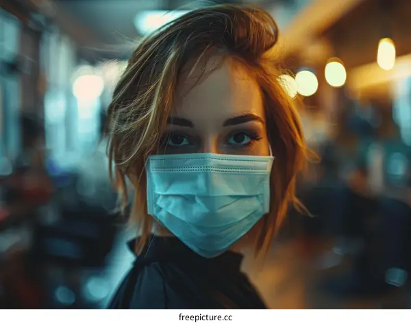 Close-up portrait of a young Caucasian woman wearing a medical face mask