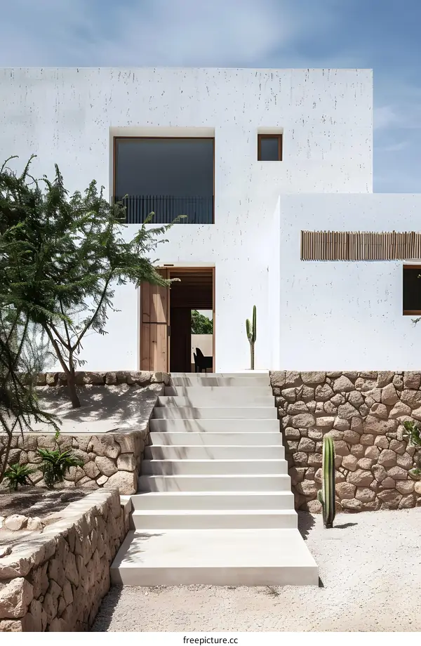Modern White House with Stone Walls and Stairs in Desert Setting