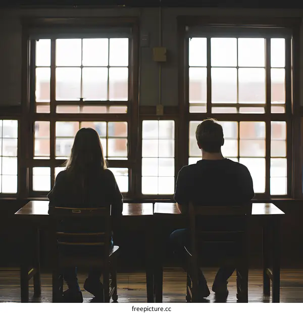 Silhouettes of Couple Sitting at a Table in Front of Windows