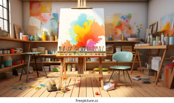 Colorful abstract painting in a messy art studio