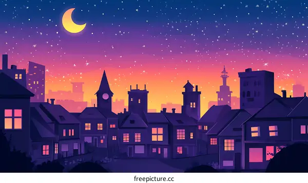 Night Sky Cityscape With Crescent Moon