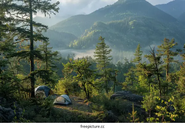 Camping Tents in the Forest with Mountain Views