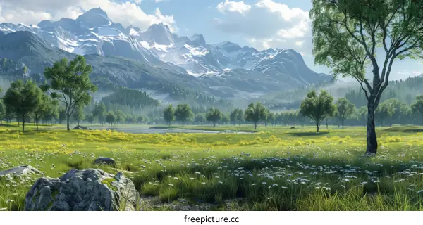 A Verdant Valley Lies Tranquil Amidst Towering Snow-Capped Mountains