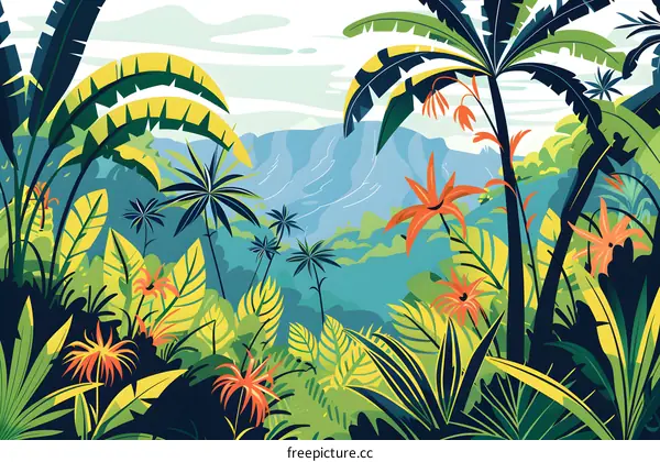 Tropical Rainforest Landscape Illustration