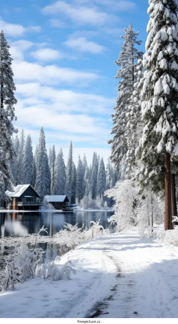 A winter wonderland of snow-covered trees and a frozen lake with two houses on the lake
