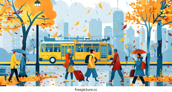 People Walking in the Rain on a Fall Day