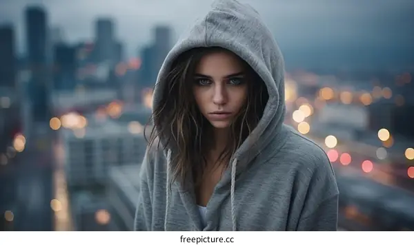 Portrait of a young woman in a gray hoodie looking at the camera with a serious expression on her face. There are blurred city lights in the background.