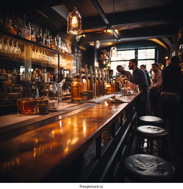 Well-lit bar interior with bottles and bar stools