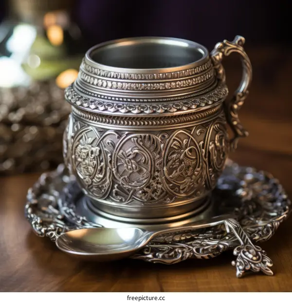 ornate silver cup with intricate floral design and matching saucer and spoon