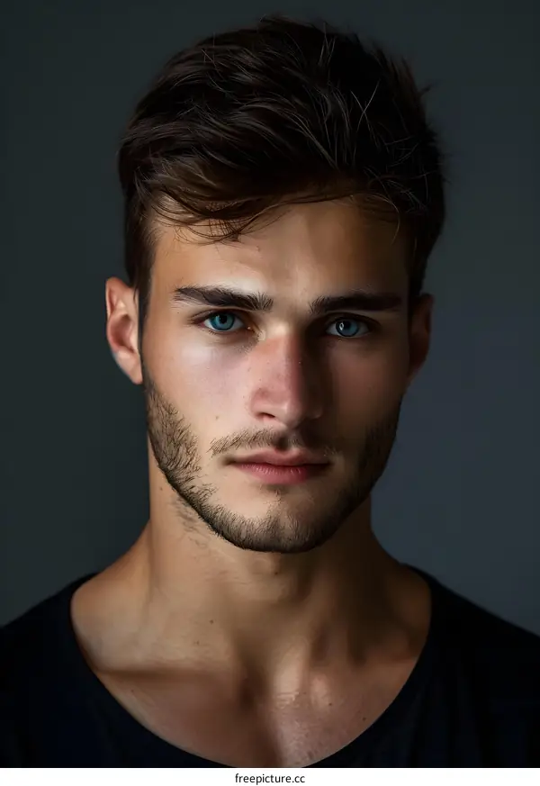 Close Up Portrait Of A Man With Blue Eyes And A Short Hairstyle